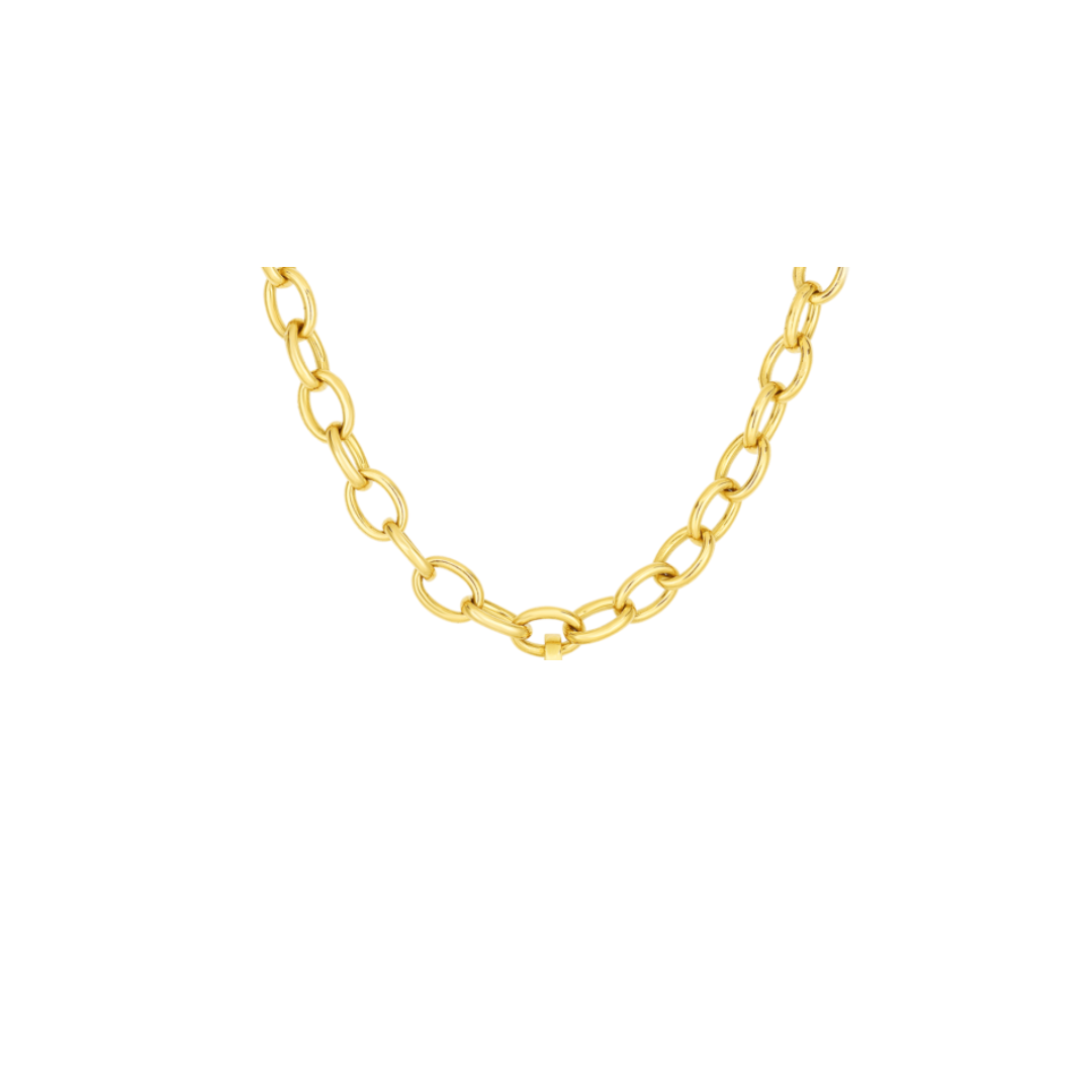 18K YELLOW DESIGNER GOLD OVAL LINK CHARM NECKLACE