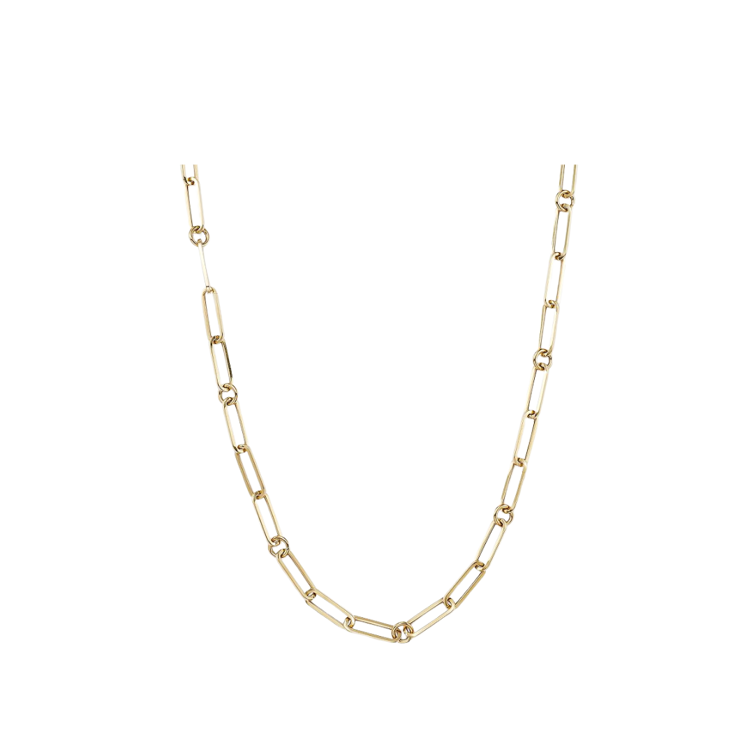 18K YELLOW DESIGNER GOLD PAPERCLIP & ROUND LINK 34 INCH CHAIN