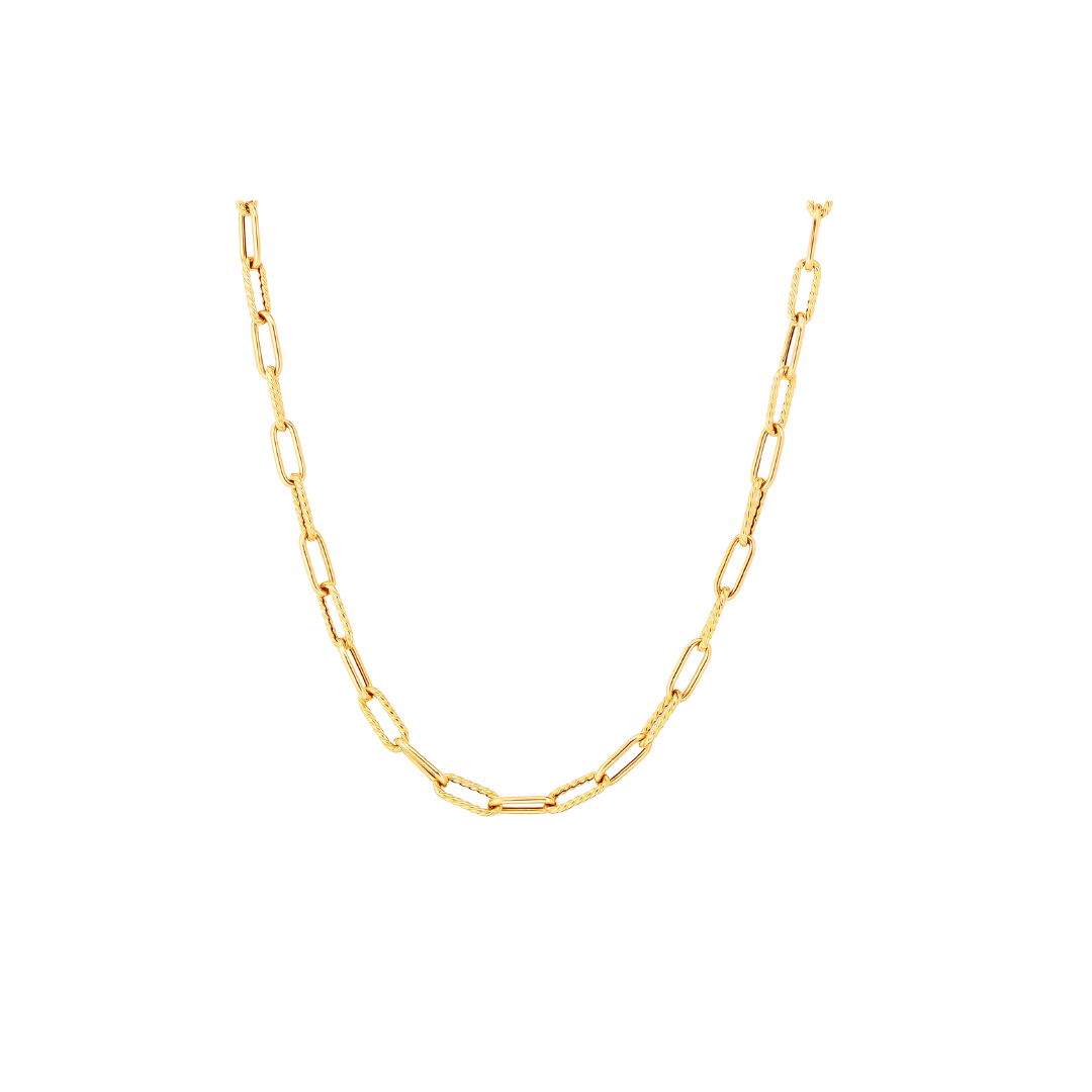 18K YELLOW DESIGNER GOLD ALTERNATING POLISHED AND FLUTED PAPERCLIP LINK INCH CHAIN