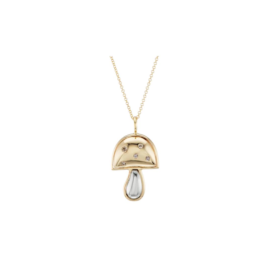 Small Two-Tone Gold Magic Mushroom Pendant with Champagne Diamonds