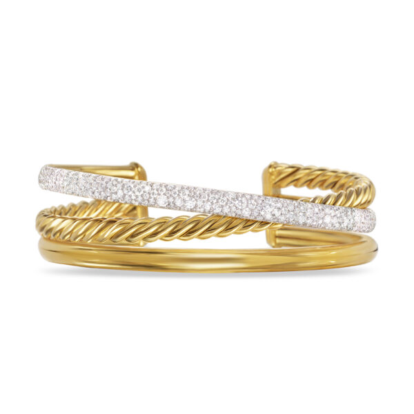Pavé Crossover Three Row Cuff Bracelet in 18K Yellow Gold with Diamonds, 20mm