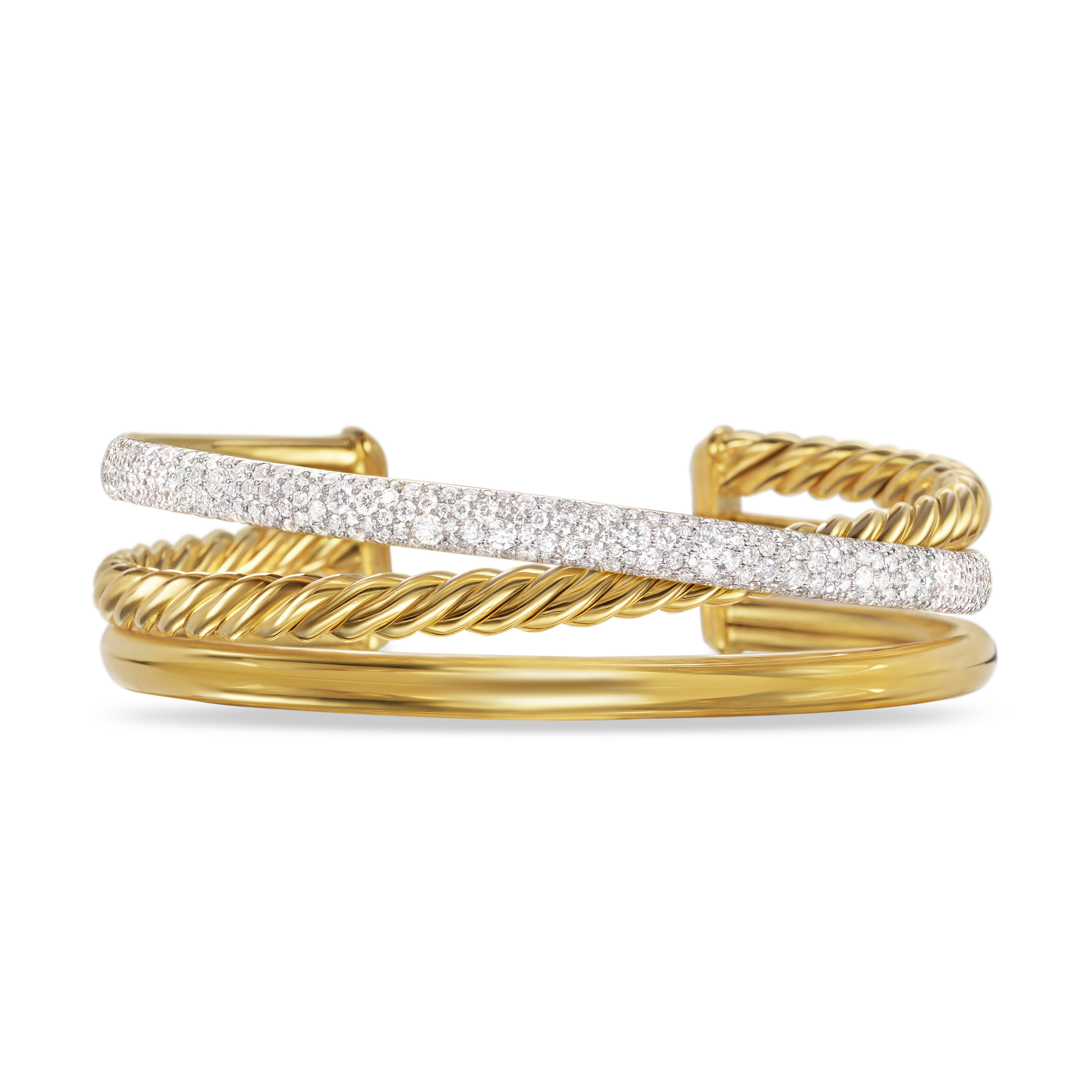 Pavé Crossover Three Row Cuff Bracelet in 18K Yellow Gold with Diamonds, 20mm