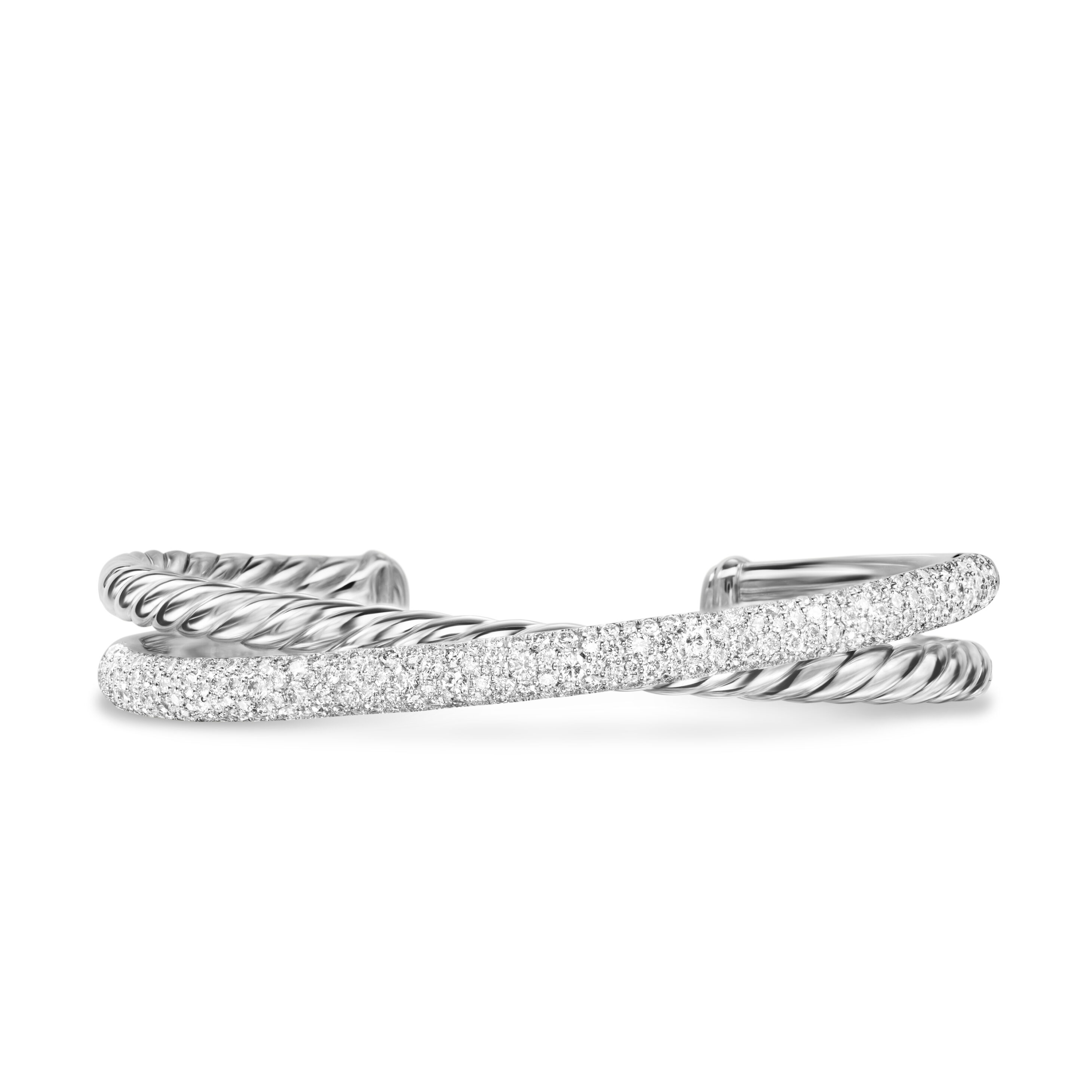 Crossover Two Row Cuff Bracelet in Sterling Silver with Diamonds