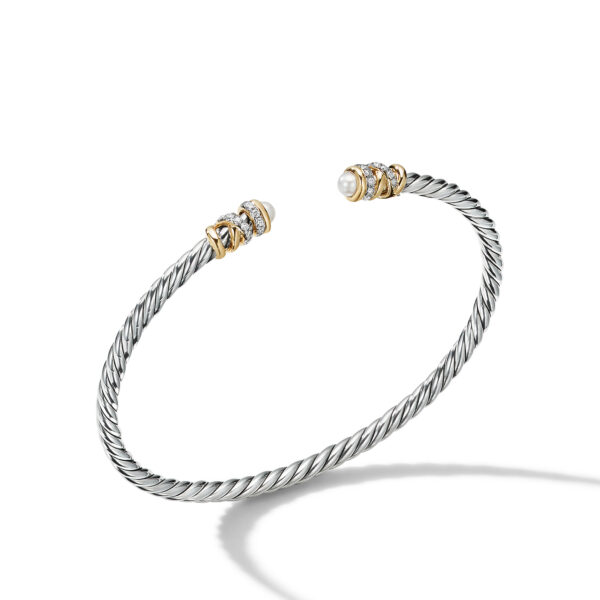 Petite Helena Classic Cable Bracelet in Sterling Silver with 18K Yellow Gold, Pearls and Diamonds, 3mm