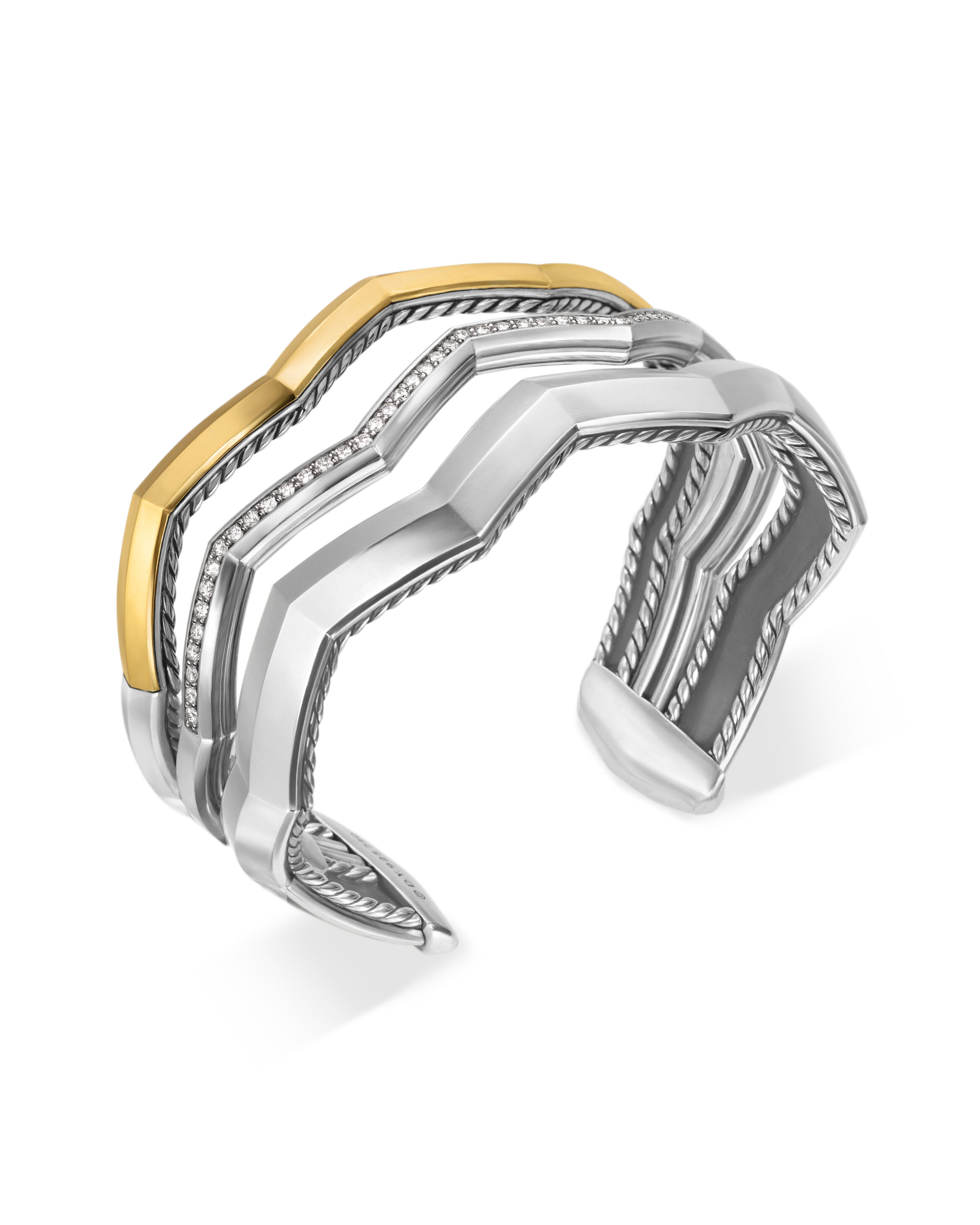 Zig Zag Staxâ„¢ Three Row Cuff Bracelet in Sterling Silver with 18K Yellow Gold and Diamonds