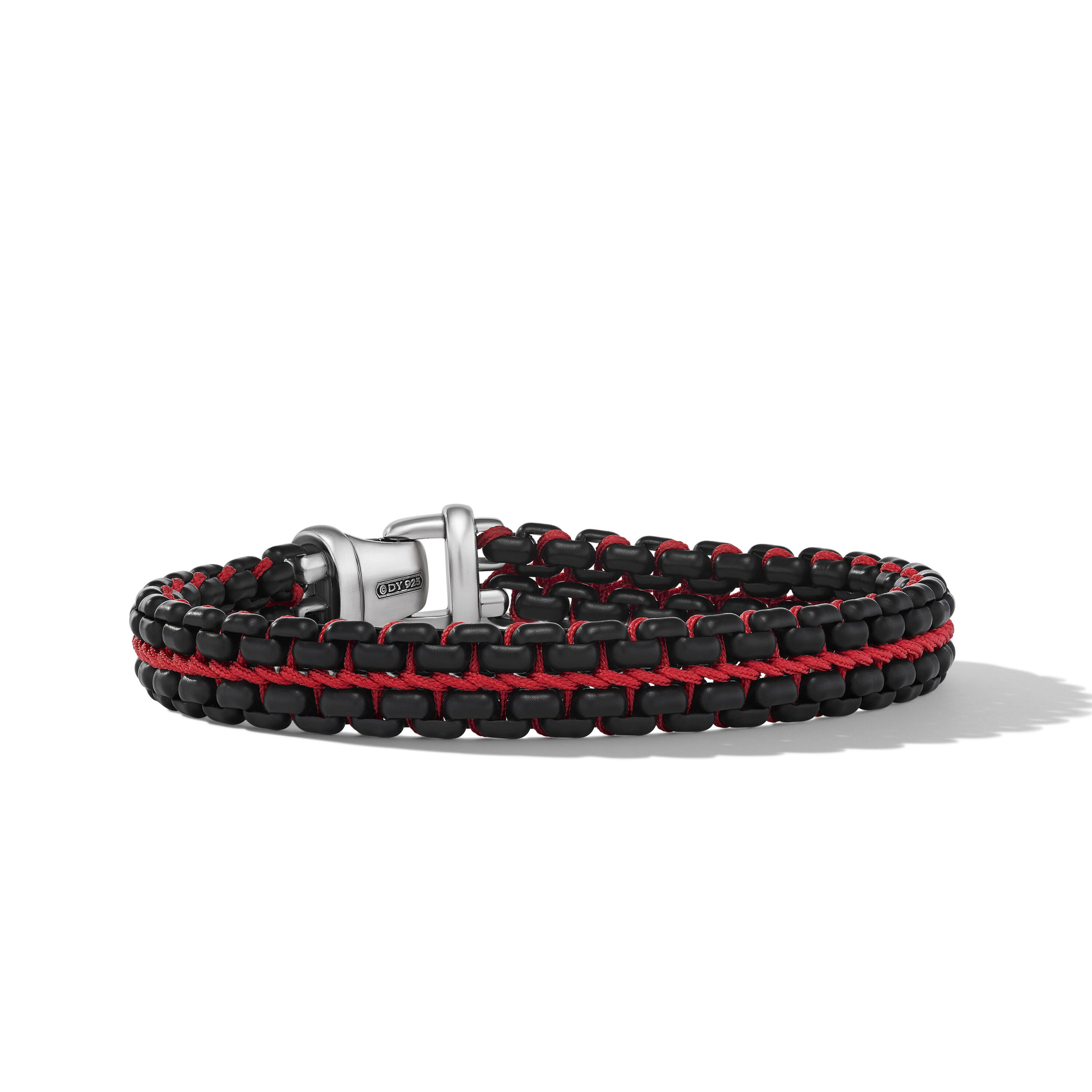 Woven Box Chain Bracelet in Sterling Silver with Black Stainless Steel and Red Nylon