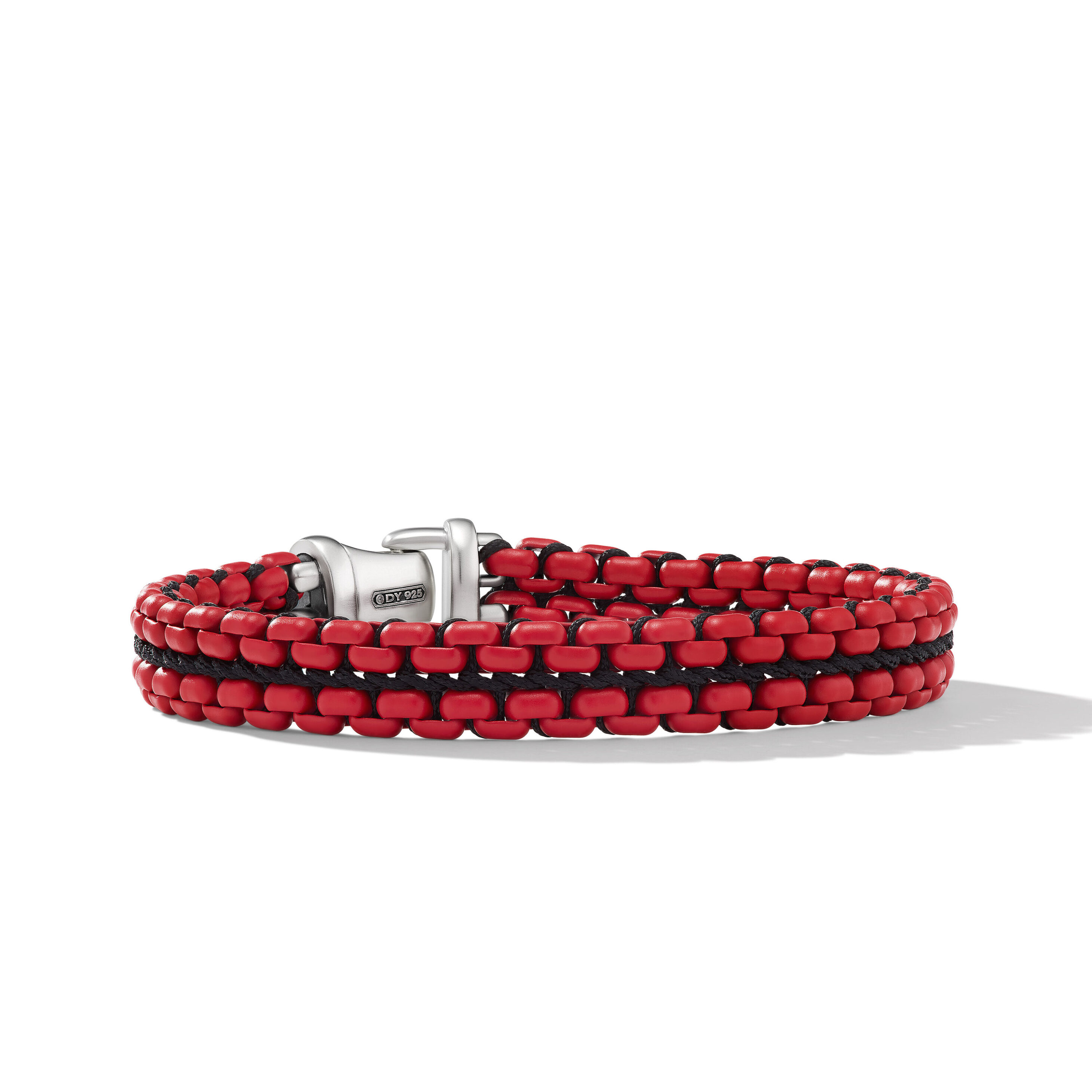 Woven Box Chain Bracelet in Sterling Silver with Red Stainless Steel and Black Nylon