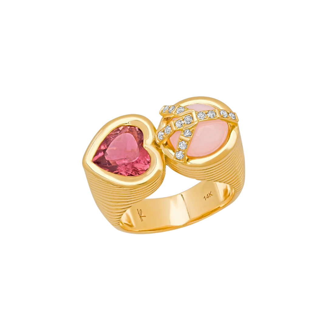 Helena Rose's 14KYG Peace & Love Ring in Pink Opal and Tourmaline in Size 7