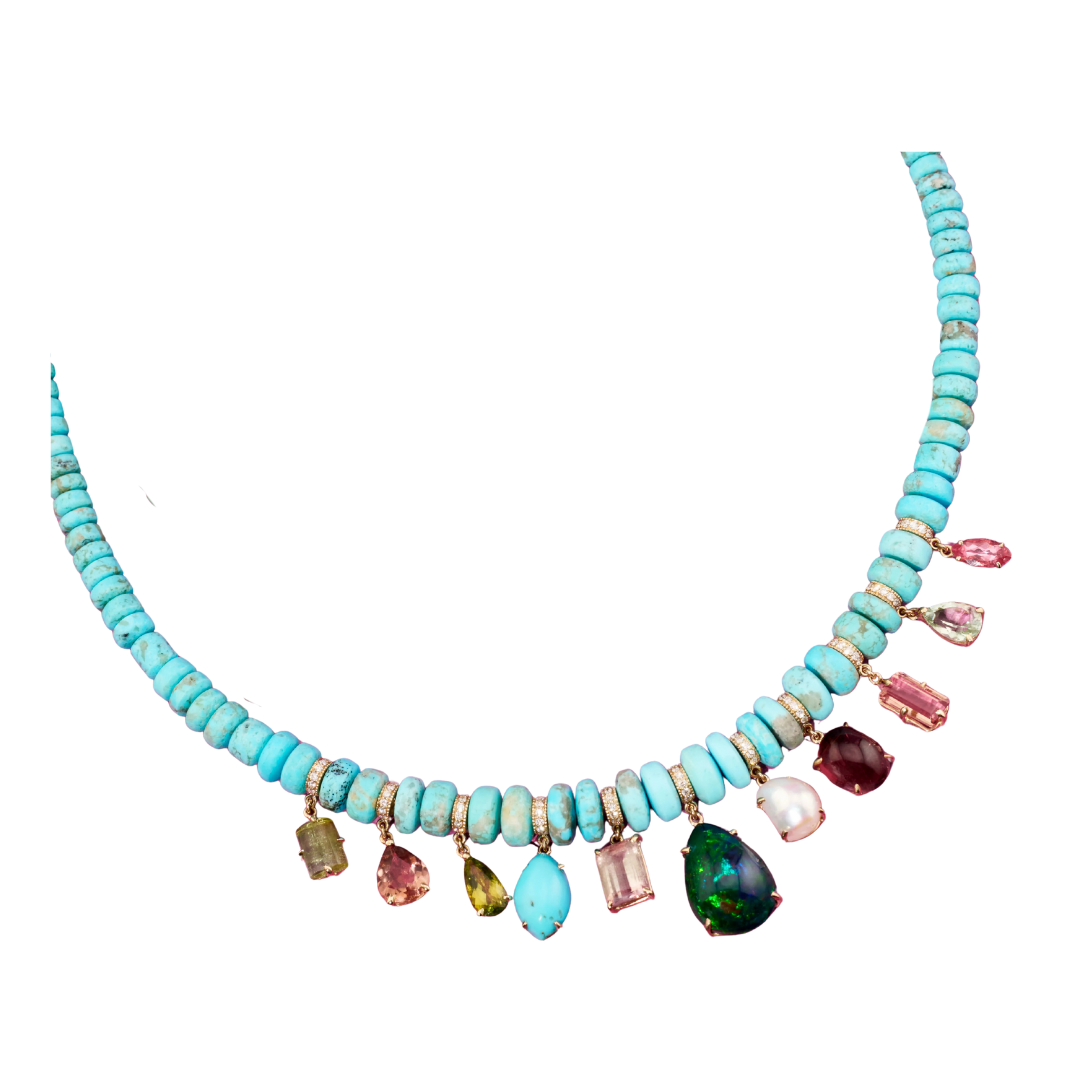 Pave Multi Gemstone Charm Turquoise Beaded Necklace