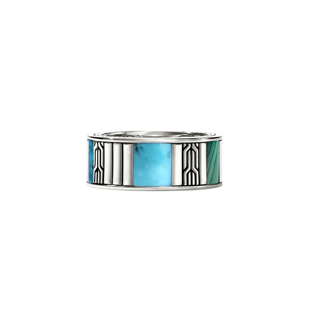 Carved Chain Ring, Sterling Silver, Hardstones, size 11