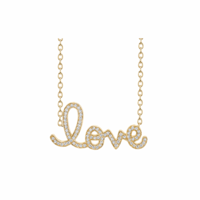 Sydney Evan’s 14K yellow gold large LOVE script necklace.