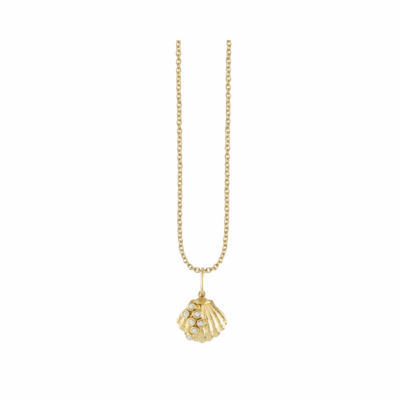 Sydney Evan’s 14K yellow gold clam shell necklace.