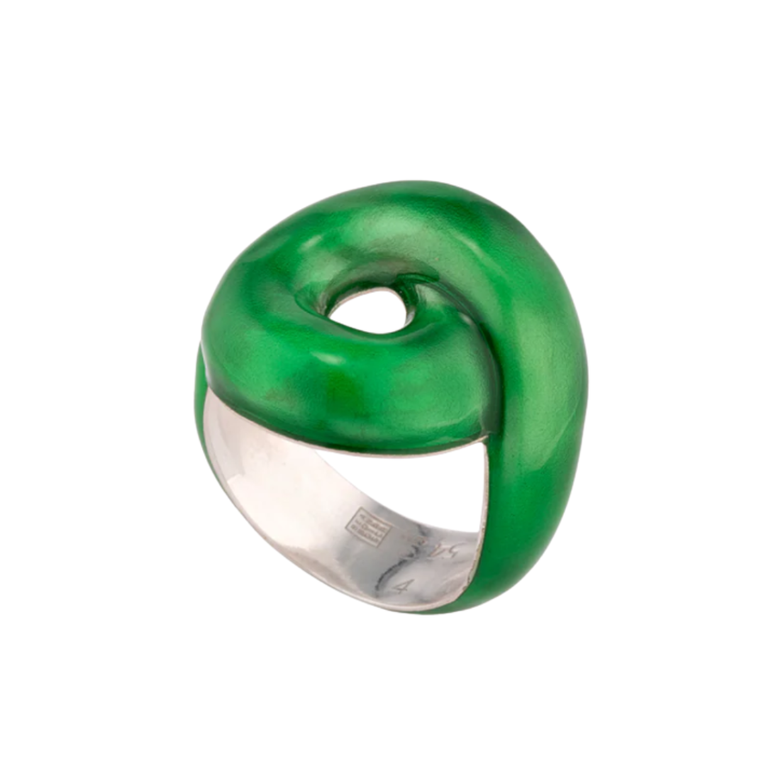 Sterling Silver Tarallo Ring with Forest Green Enamel, size 6