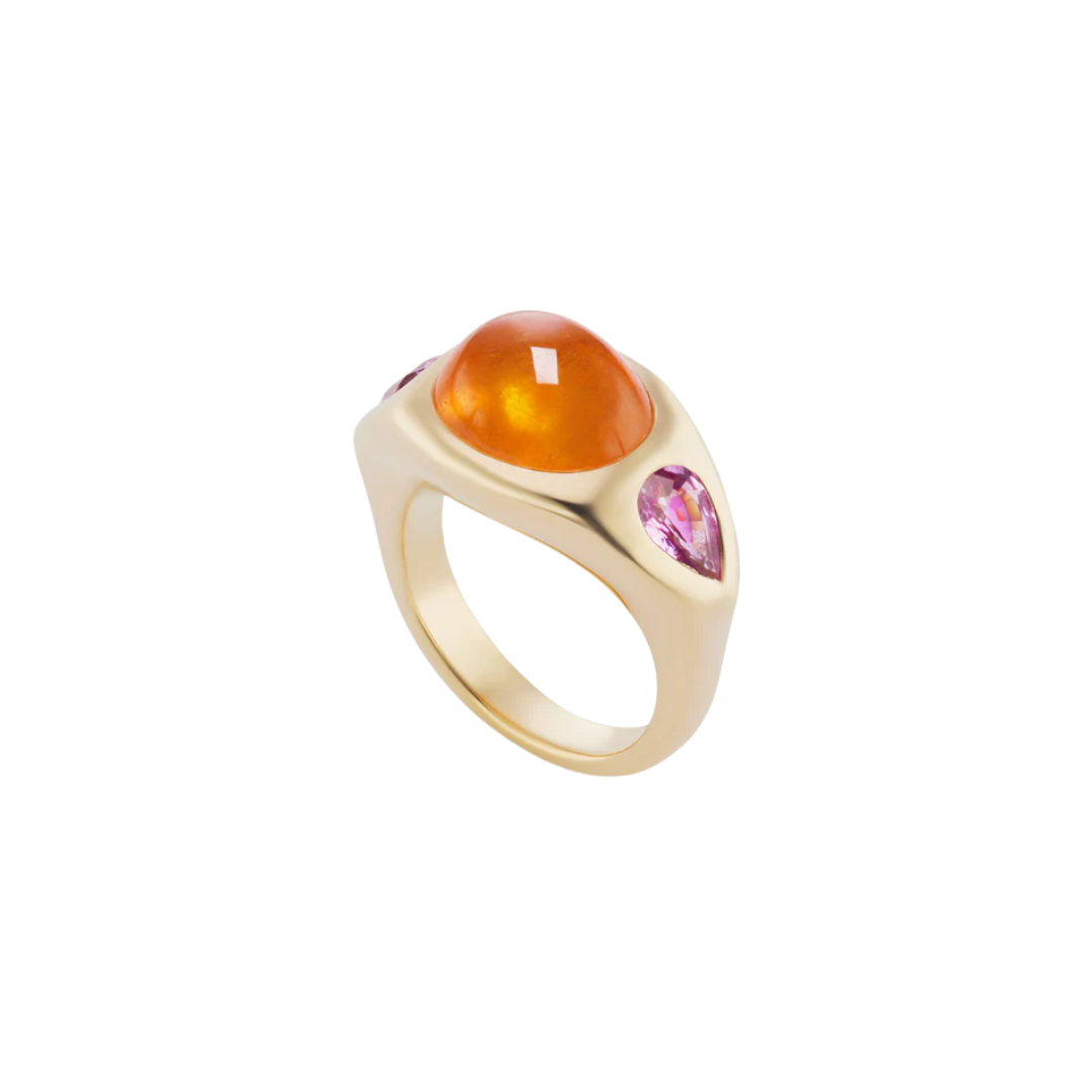 Gypsy Ring with Spessartite Cabochon and Pink Sapphire Pears