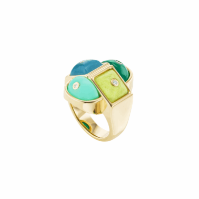 Brent Neale's Hopscotch Ring in 18KYG with Carved Stones and Diamond Rounds