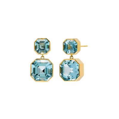Syna's 18KYG Asscher Cut Double Drop Earrings with Blue Topaz