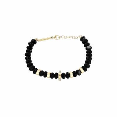 Black Sardonyx and Gold Rondelle Bead Bracelet with Diamond Accents