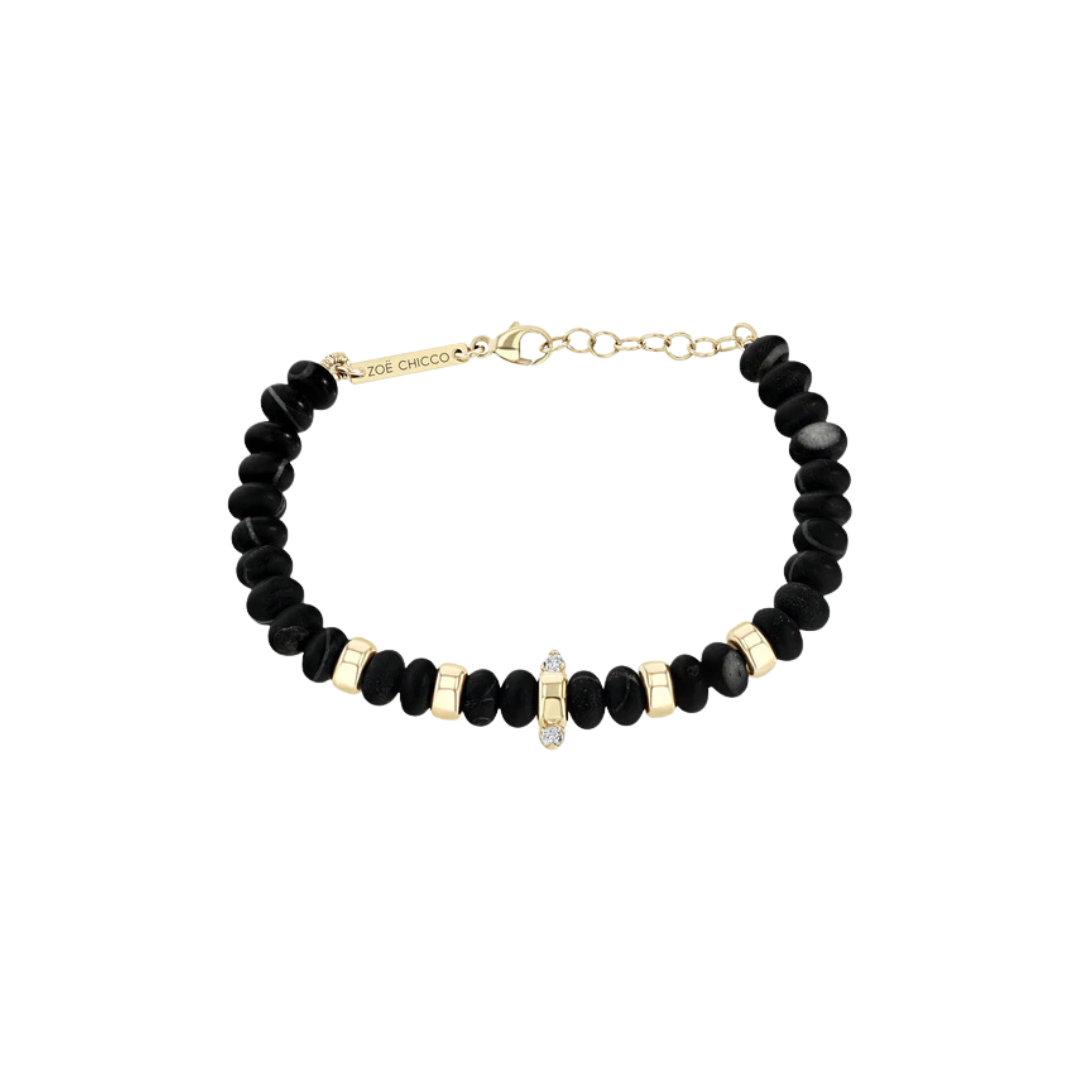 Black Sardonyx and Gold Rondelle Bead Bracelet with Diamond Accents
