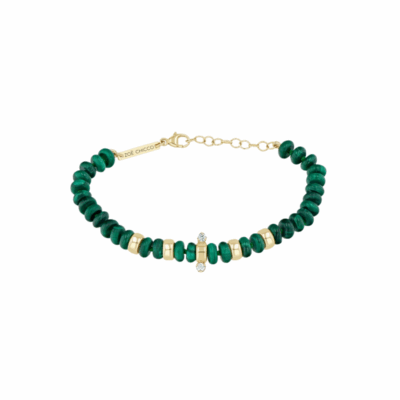 Malachite and Gold Rondelle Bead Bracelet with Diamond Accents