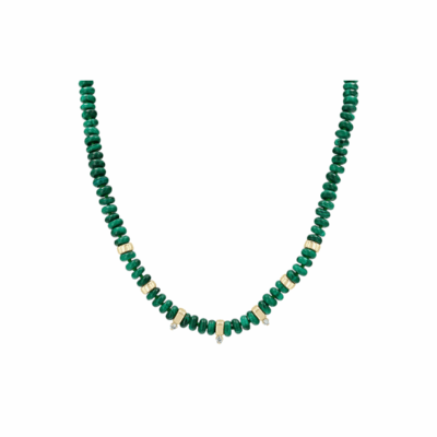 Malachite Bead Necklace with Gold and Diamond Accents in 14K Yellow Gold