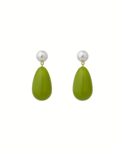 Eshvi's Large Drop Earrings in 18K Yellow Gold Plated Sterling Silver and Brass with Pearl and Green Enamel