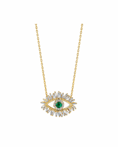 18K Yellow Gold Medium Firework Evil Eye with Emerald & Diamond Necklace