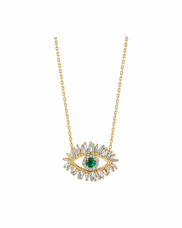 18K Yellow Gold Medium Firework Evil Eye with Emerald & Diamond Necklace