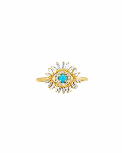 18KYG Mini Evil Eye Ring with Turquoise and Diamonds