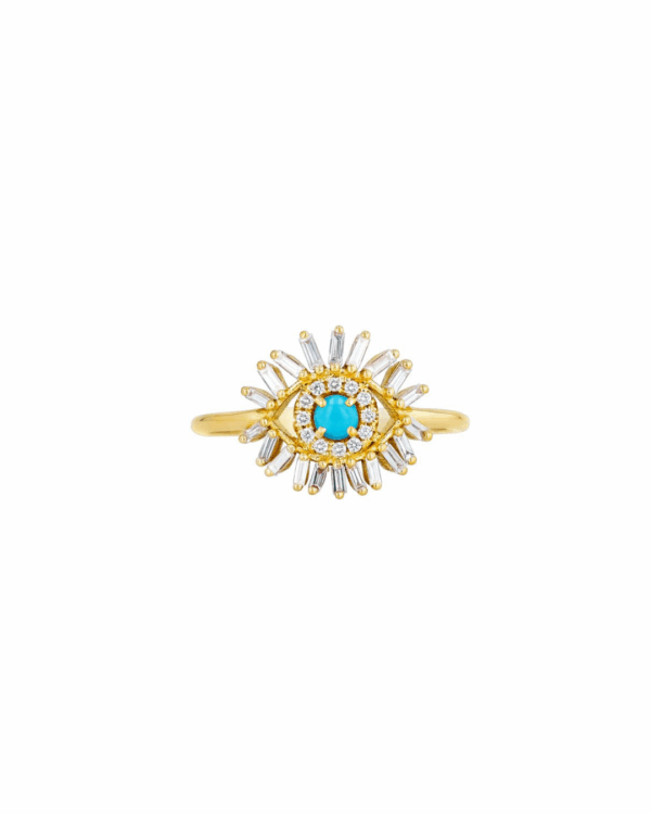 18KYG Mini Evil Eye Ring with Turquoise and Diamonds