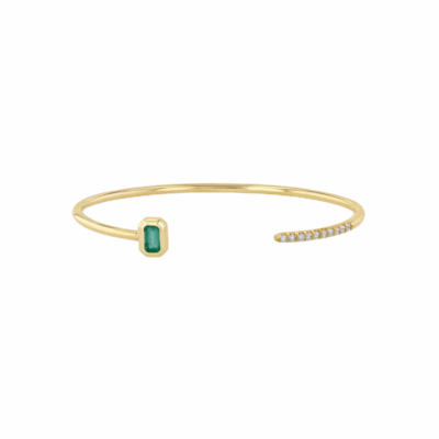 14K gold open wire cuff bracelet with bezel-set emerald and ten pavé diamonds (.16 CTW).