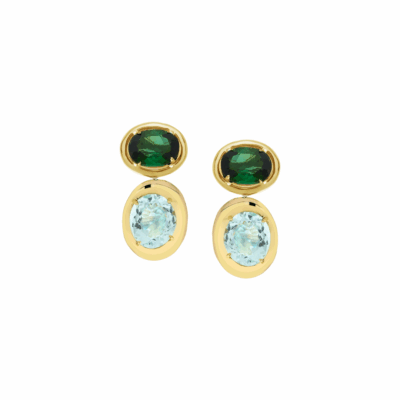 18KYG Rocks Class Earrings with Blue Topaz and Tourmalines