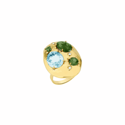 18KYG Rocks Flinstones Ring with Green Tourmalines, Blue Topaz and Diamonds
