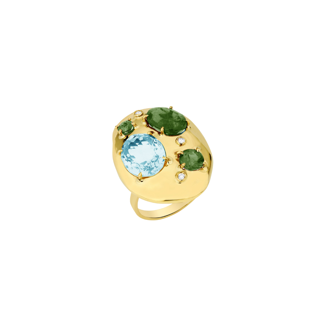 18KYG Rocks Flinstones Ring with Green Tourmalines, Blue Topaz and Diamonds