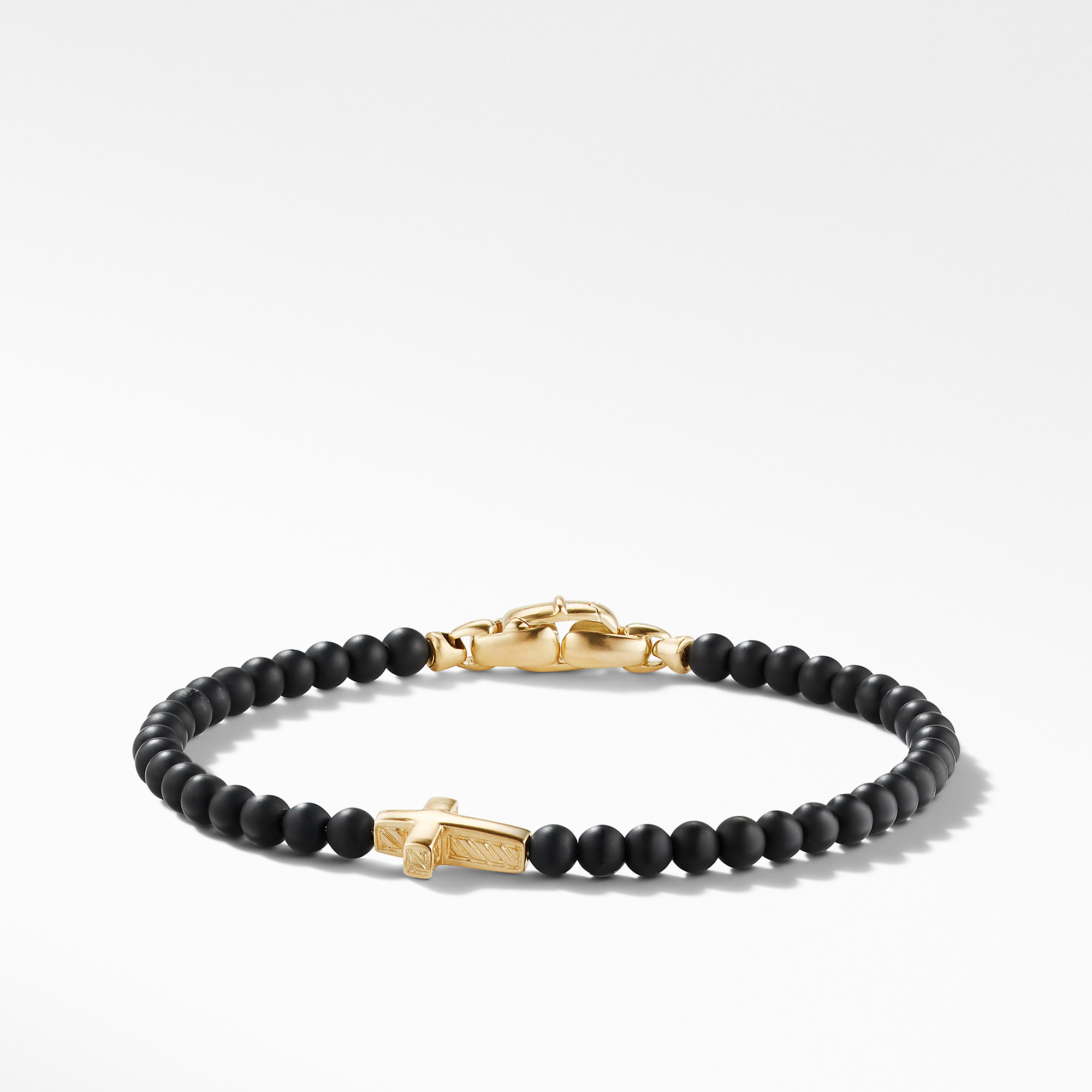 Spiritual Beads Cross Station Bracelet with Black Onyx and 18K Yellow Gold, 4mm