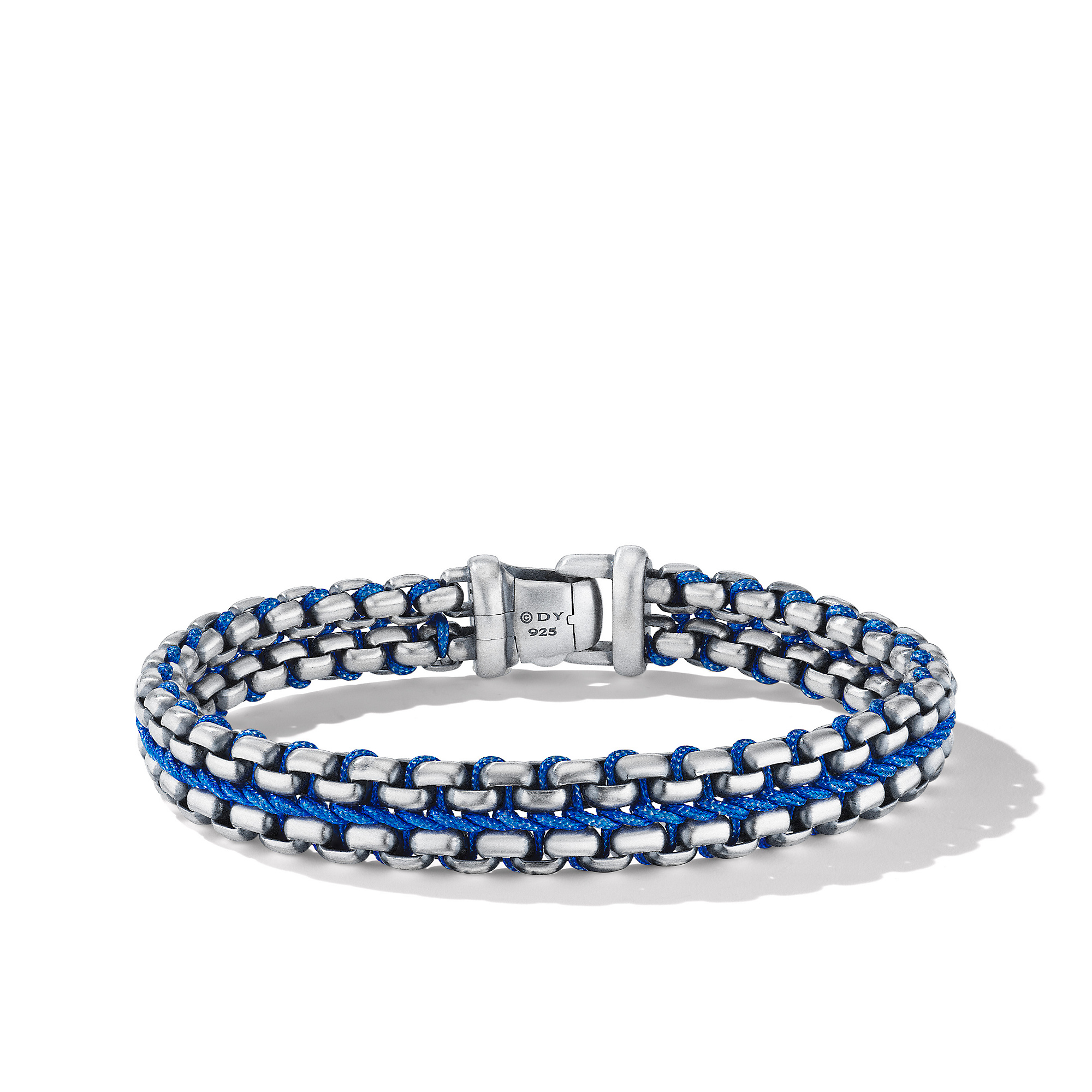 Woven Box Chain Bracelet in Sterling Silver with Blue Nylon, 12mm