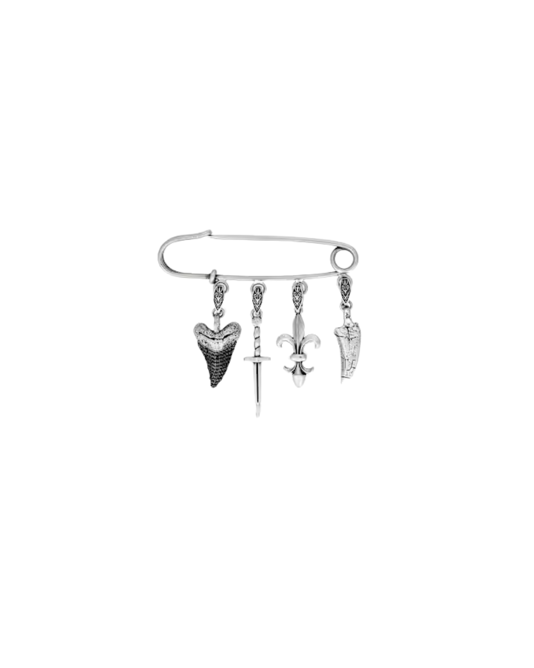 John Varvatos Sterling Silver Safety Pin with Shark Tooth & Dagger Charms