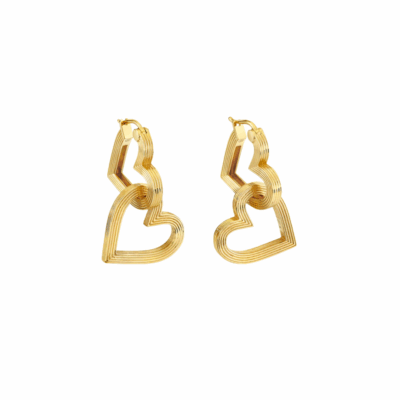 Gold Fluted Double Heart Hoops