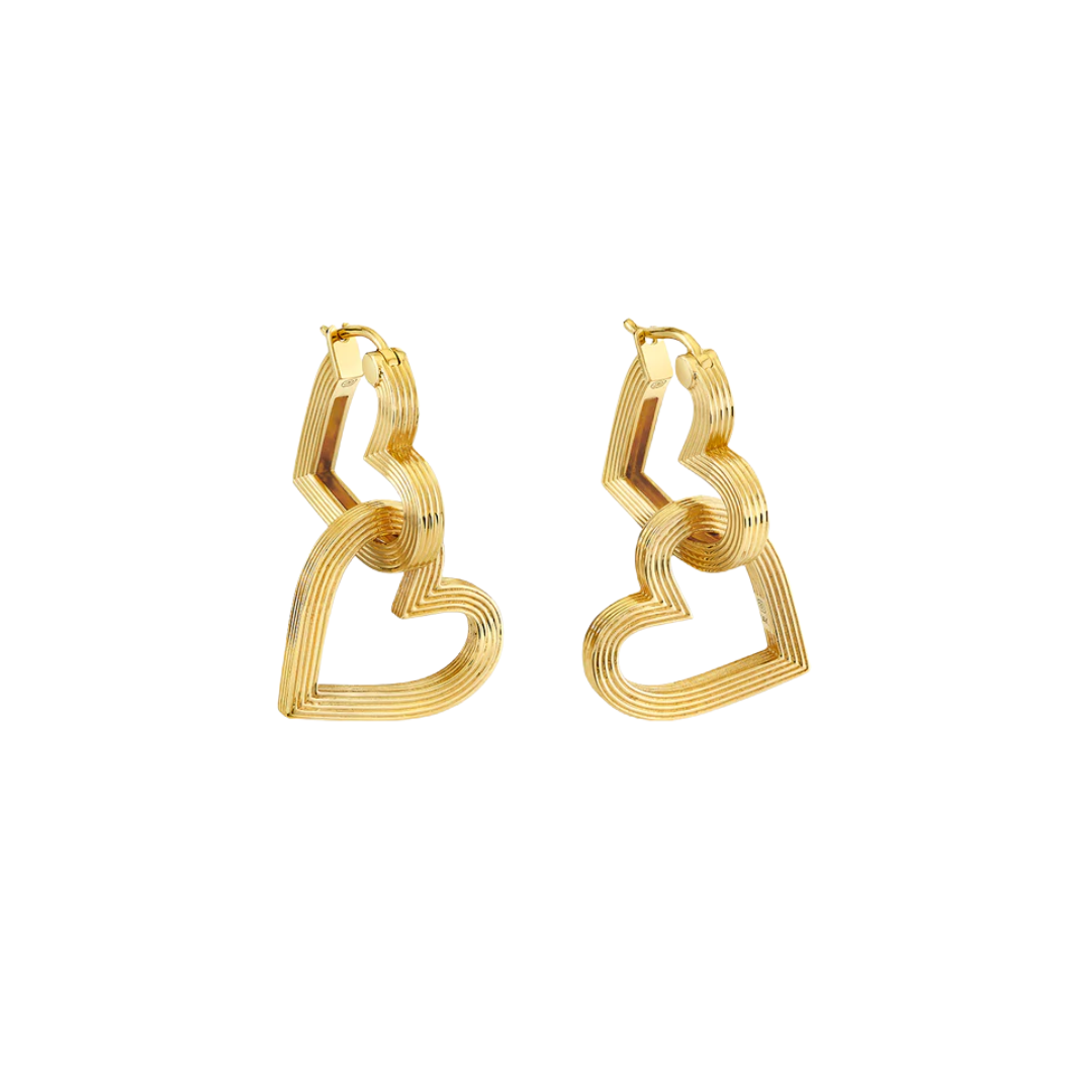 Gold Fluted Double Heart Hoops
