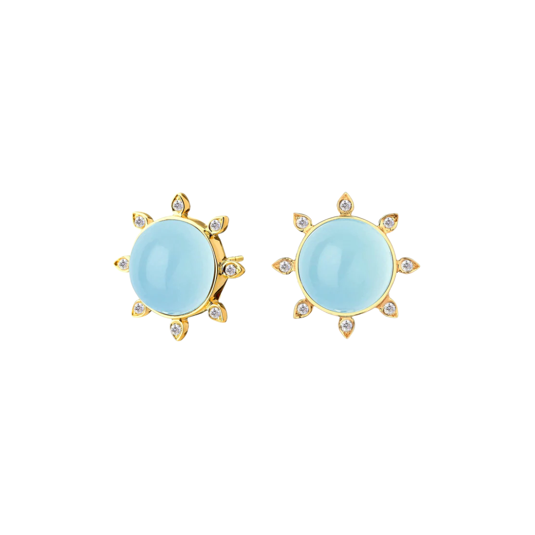 18 KYG Blue Topaz Diamonds Cosmic Sun Stud Earrings