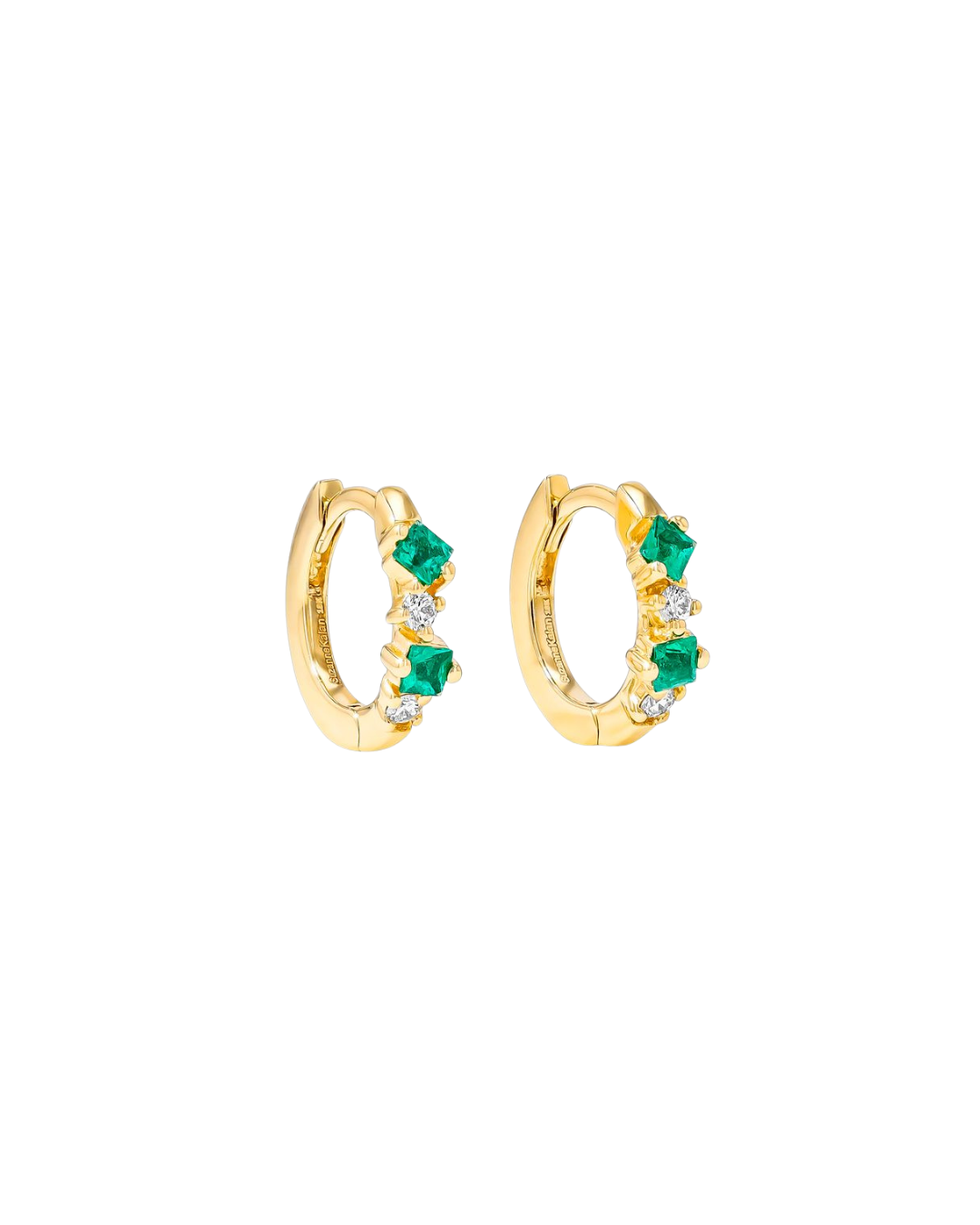 18KYG Princess Mix Huggie Earrings with Emeralds and Diamonds