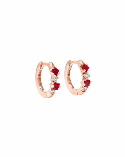 18KRG Princess Mix Huggie Earrings with Rubies and Diamonds