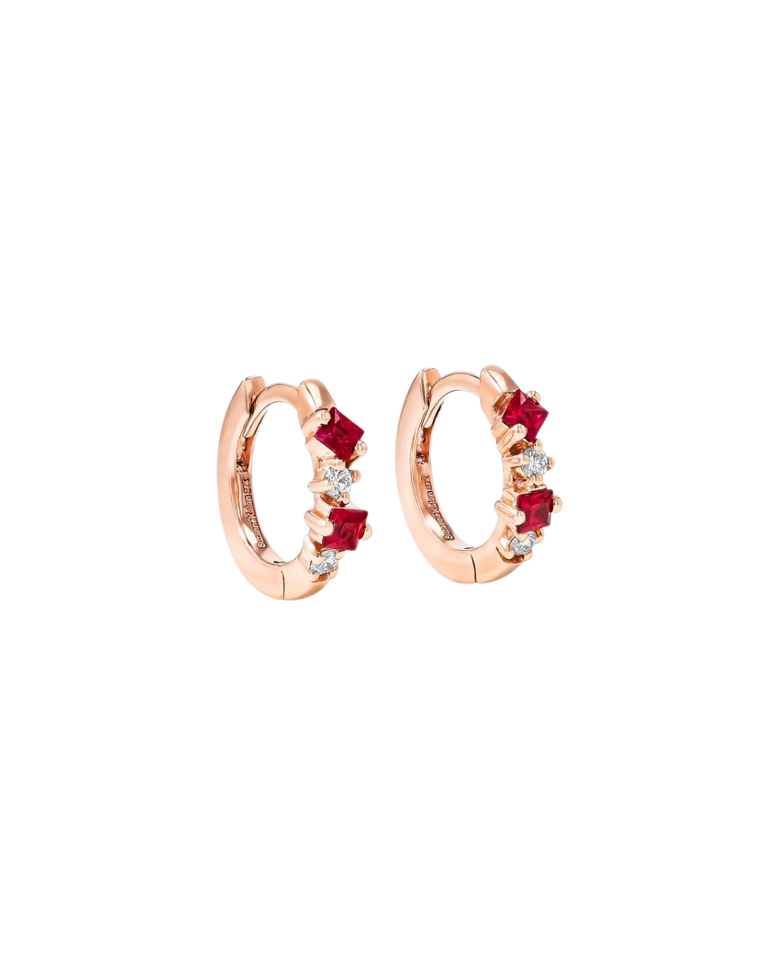 18KRG Princess Mix Huggie Earrings with Rubies and Diamonds