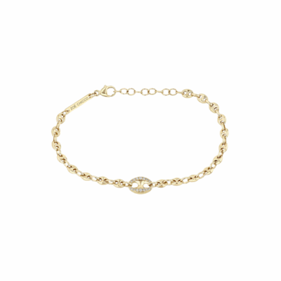 14K gold single large pavé diamond mariner link bracelet with small puffed mariner chain