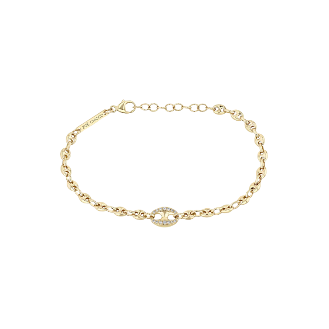 14K gold single large pavé diamond mariner link bracelet with small puffed mariner chain