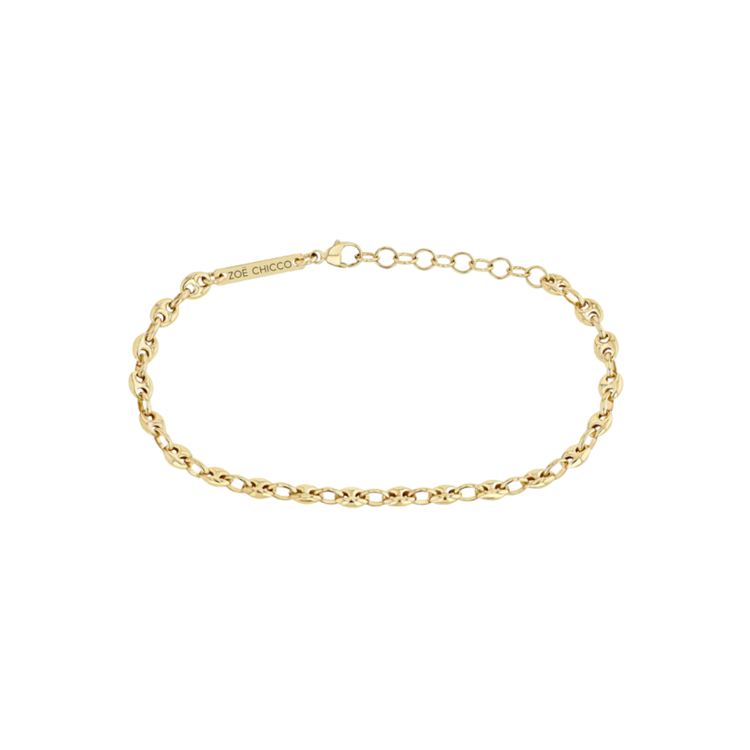 14K gold small puffed mariner chain bracelet, 67" adjustable