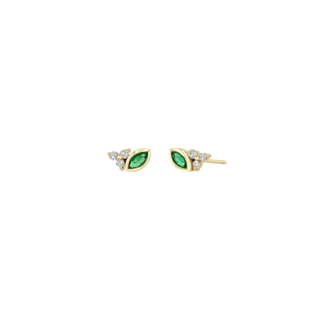 14K gold bezel-set marquise emerald & diamond stud earrings