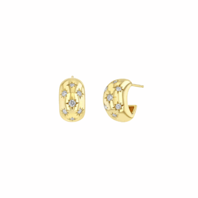 14K gold small Aura huggie hoops with graduating star-set diamonds