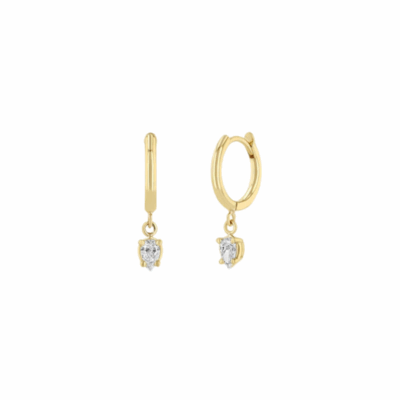 14K gold 10.5mm huggie hoops with dangling pear-shaped diamond (.22 CTW).