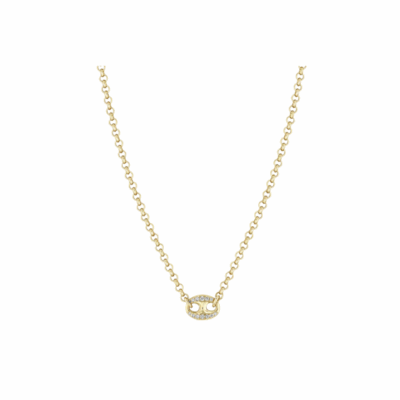 14K gold small rolo chain necklace with large Mariner link centerpiece
