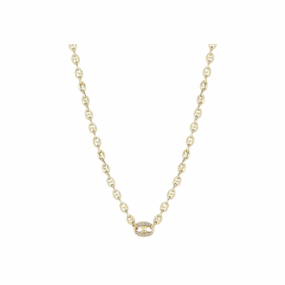 14K gold single large pavé diamond mariner link necklace with small puffed mariner chain